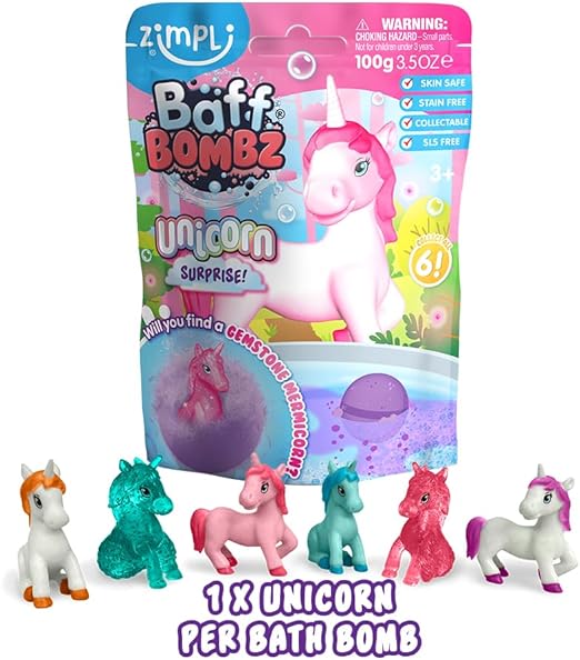 Zimpli Kids Large Unicorn Surprise Bath Bomb, 6 Surprise Unicorn Toys to Collect in Total, One Per Bath Bomb, Children's Collectible Bath Toy, Stocking Filler Toy, Xmas Present for Boys & Girls