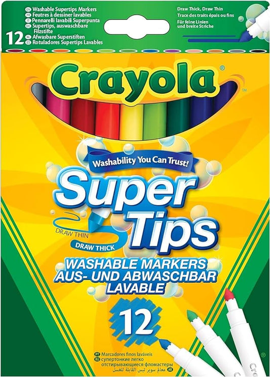 CRAYOLA SuperTips Washable Markers - Assorted Colours (Pack of 12) Premium Felt Tip Pens That Can Easily Wash Off Skin & Clothing Ideal for Kids Aged 3+