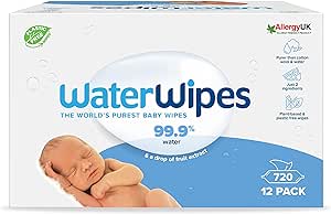 WaterWipes Plastic-Free Original Baby Wipes, 720 Count (12 packs), 99.9% Water Based Wipes, Unscented for Sensitive Skin