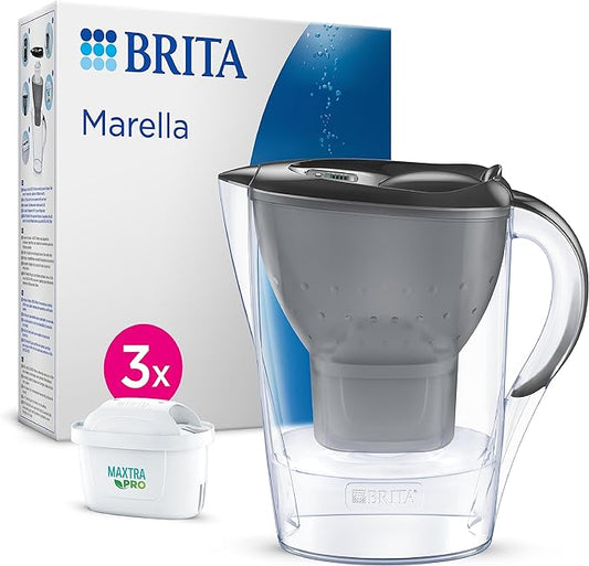 BRITA Marella Water Filter Jug Starter Pack - Graphite (2.4 Litre) with 3x MAXTRA PRO All-in-1 cartridge - fridge-fitting jug with digital LTI and Flip-Lid - now in sustainable Smart Box packaging
